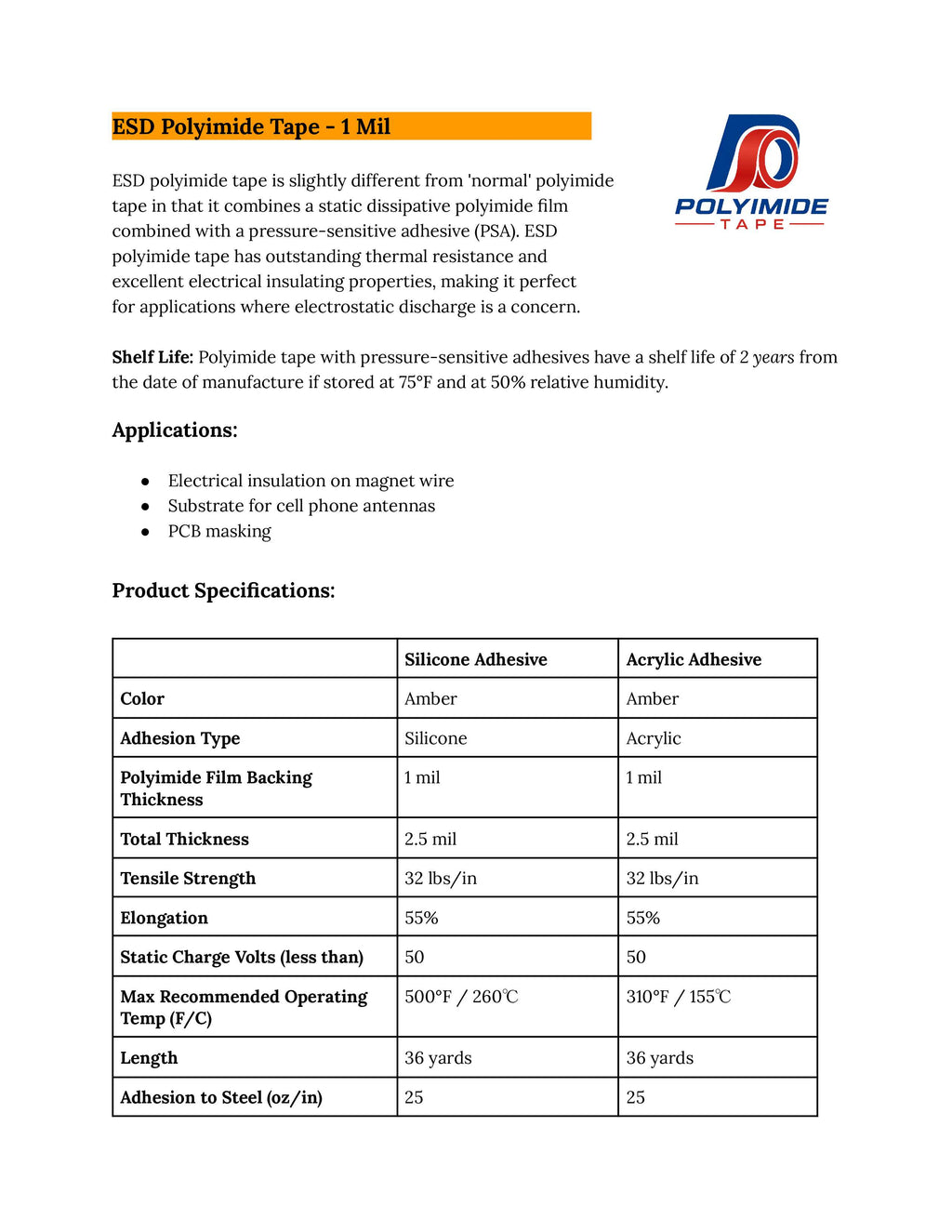 Technical datasheet for ESD Polyimide Tape with product details and specifications.