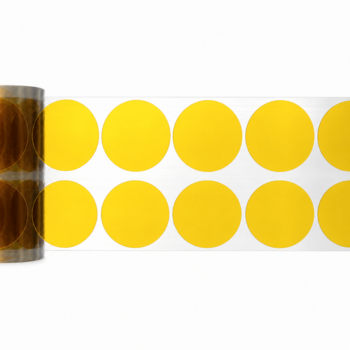 Amber die-cut Kapton dots on a clear release liner