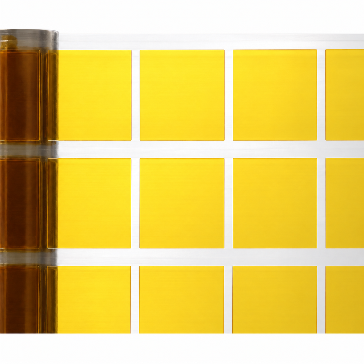 Amber die-cut Kapton squares on a clear release liner